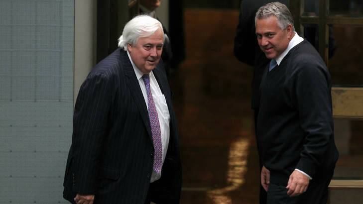 Palmer United Party leader Clive Palmer and Treasurer Joe Hockey. Mr Hockey has threatened to bypass MPs to get contentious budget measures through. Photo: Alex Ellinghausen