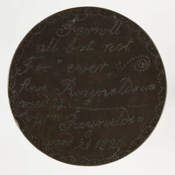 A convict love token- made up of a coin, engraved on both sides. This side features stippled text Farewell/ all but not/ for ever. Photo: Supplied