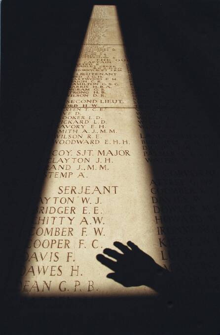 Picture shows light falling on the names of the Menin Gate memorial in Ypres (130 kilometres  south of Brussels) , Belgium. The memorial bears the names of thousands of missing Australians and others soldiers from World War I. Photo: Jason South