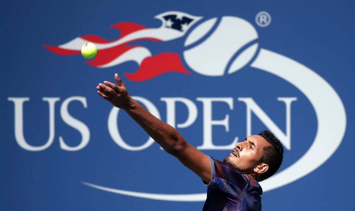Nick Kyrgios serves during the first round of the US Open on Wednesday. Photo: AP