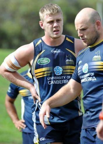 Tom Staniforth, left, and Stephen Moore in training with the Brumbies. Photo: Graham Tidy