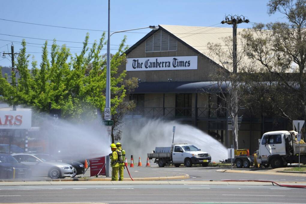 Fyshwick buildings evacuated after gas pipe rupture. Photo: Jay Cronan