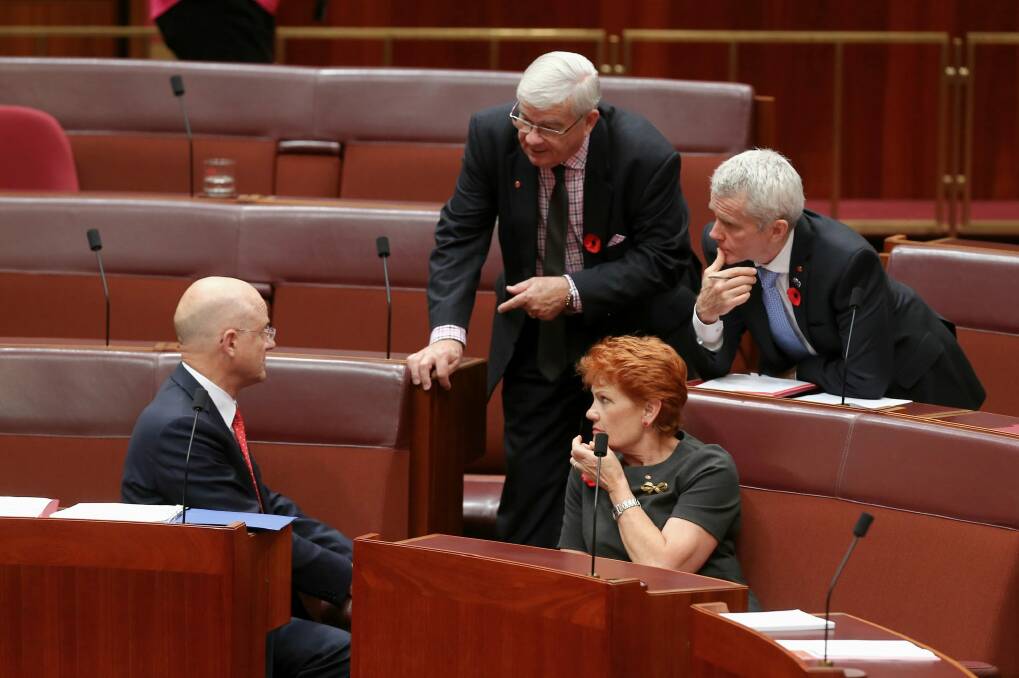 Liberal Democrat senator David Leyonhjelm shares views with One Nation senators Brian Burston, Pauline Hanson and Malcolm Roberts. Photo: Alex Ellinghausen