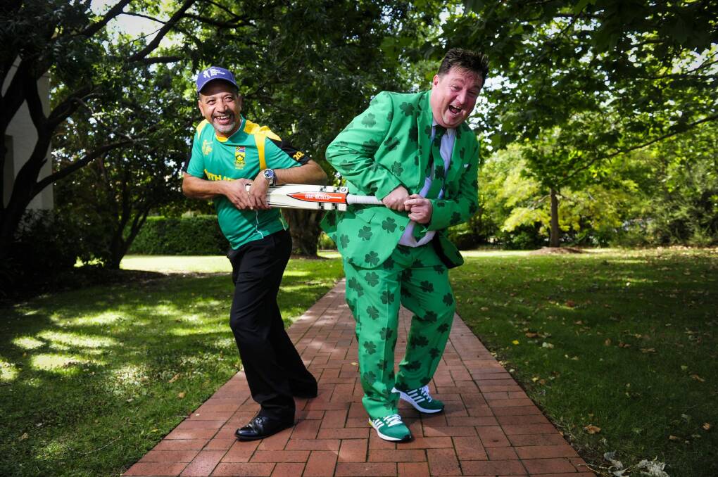 Latief Mazema (left),of Jerrabomberra, and Shay Livingstone, of Ireland, will be at Manuka Oval in Canberra to see Ireland take on South Africa in the ICC World Cup cricket match. Photo: Melissa Adams