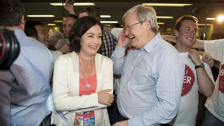 Charisma: A jubilant Kevin Rudd with Terri Butler after her win in the Griffith byelection. Photo: Harrison Saragossi