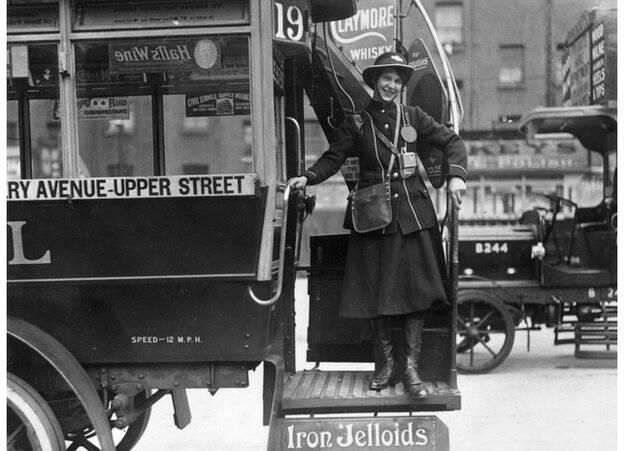 Efficient: In World War 1 women did all sorts of 'untraditional' jobs such as this London bus conductor.