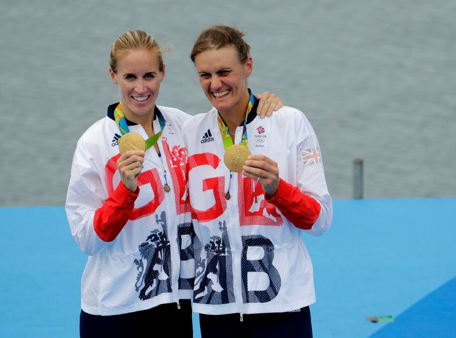 Deadly 60 host Steve Backshall is married to British rower Helen Glover (left) pictured here with Heather Stanning, celebrating their gold medal win at the Rio Olympics. Photo: Charlie Riedel