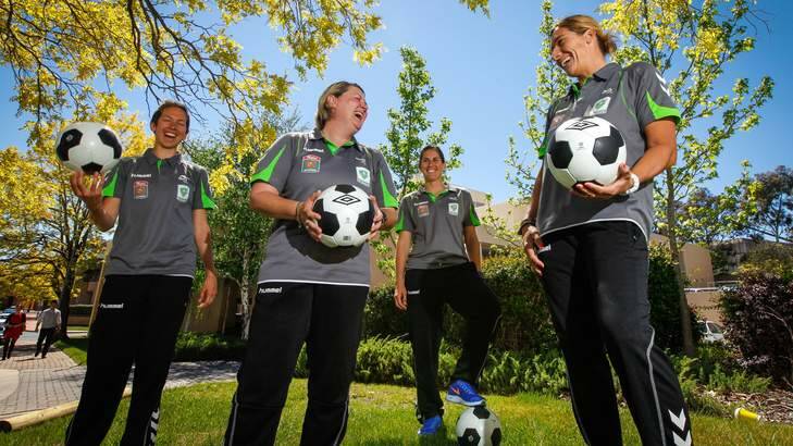 Canberra United has announced new head coach Liesbeth Migchelsen. She is pictured, from left, Sally Shipard, Raeanne Dower (assistant coach) and Caitlin Munoz. Photo: Katherine Griffiths