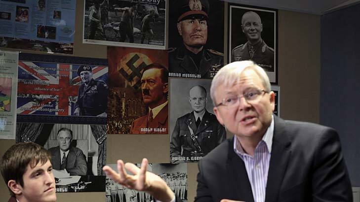 Prime Minister Kevin Rudd spoke to students at Bede Polding College with posters of Hitler, Mussolini, Rommel and Einsenhower on the wall. Photo: Andrew Meares