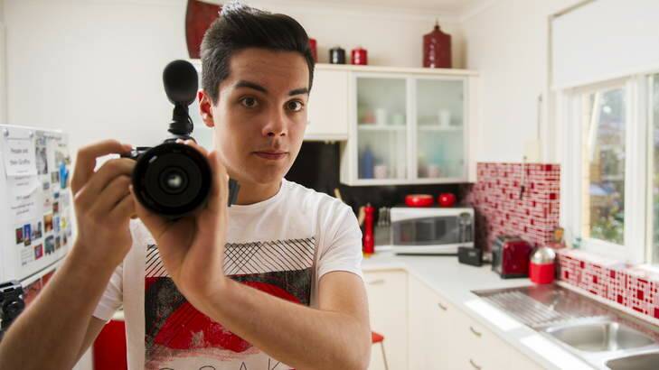 Oliver Levi-Malouf, 15, in his kitchen where he shot parts of his short-film which is a finalist in Tropfest Jr. Photo: Rohan Thomson