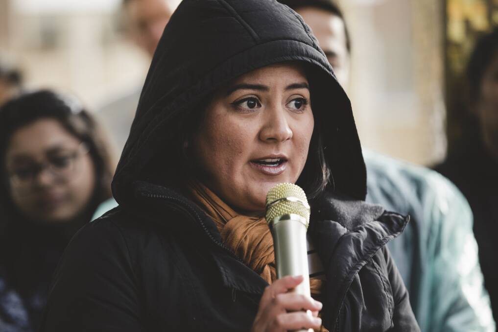Yessesmin Gonzalez told the protest she has lived in Canberra for more than two years and just wants the chance to apply for a visa. Photo: Jamila Toderas