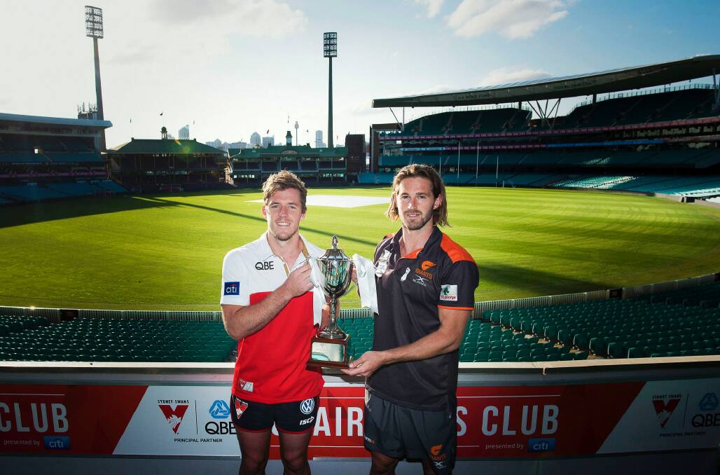 Derby day: Swans vice-captain Luke Parker with GWS captain Callan Ward. Photo: Christopher Pearce
