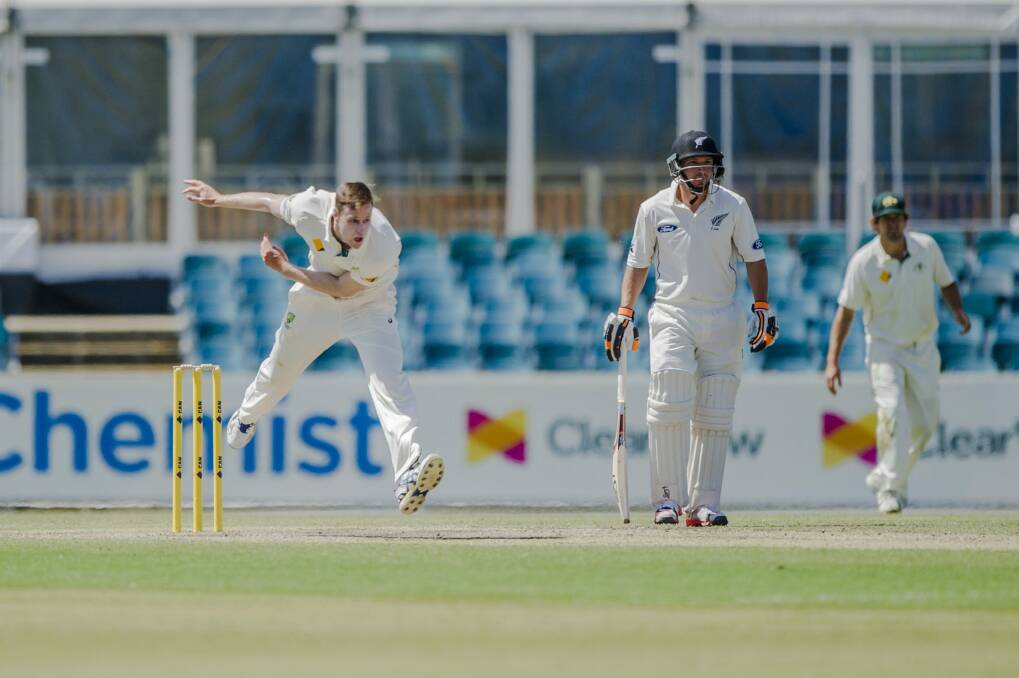 CA XI fast bowler Jason Behrendorff in action against New Zealand at Manuka Oval on Sunday. Photo: Jamila Toderas