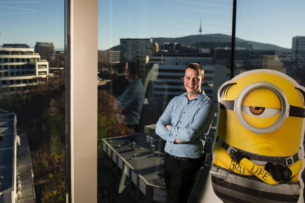 Kyle Amor, general manager of Dendy Cinemas Canberra, in the new foyer of the $10 million cinema expansion which offers panoramic views across the city.  Photo: Jamila Toderas