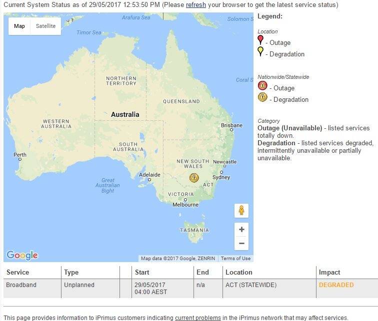 A screenshot from the iPrimus website showing a system-wide internet outage in the ACT.