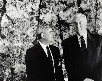 Significant purchase: Former prime minister Gough Whitlam and James Mollison, the director of the Australian National Gallery, in front of Jackson Pollock's Blue poles in 1986.