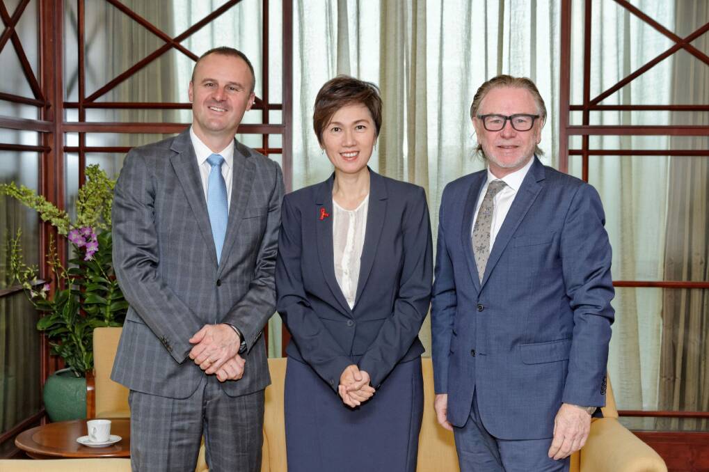 Chief Minister Andrew Barr with Singapore's Senior Minister of State Josephine Teo and Australian High Commissioner Philip Green this week. Photo: Andrew West