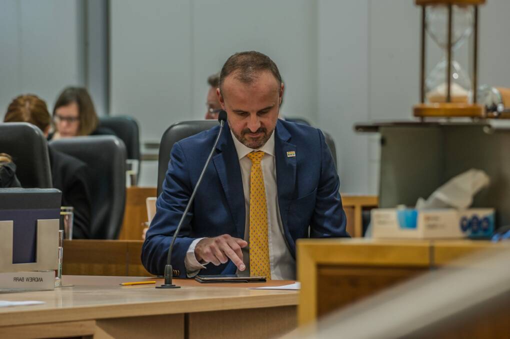 Chief minister Andrew Barr has faced claims he threatened Liberal MLA Jeremy Hanson during a hearing last year. Photo: Karleen Minney