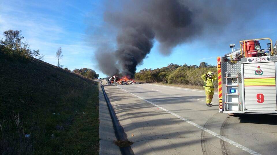 A vehicle fire has blocked northbound lanes of the Federal Highway, causing significant delays. Photo: NSW Police