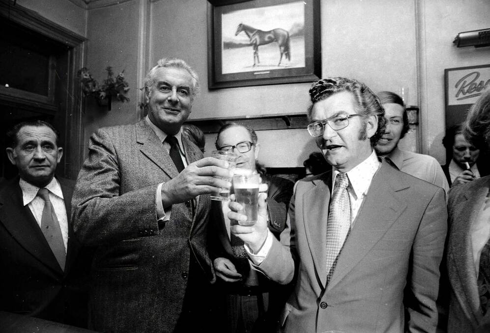 Then prime minister Gough Whitlam at Trades Hall, Sydney in 1974 with future prime minister Bob Hawke. Whitlam brought economists into his administration, while the advice of experts guided economic policy during Hawke's leadership in the 1980s. Photo: Rick Stevens