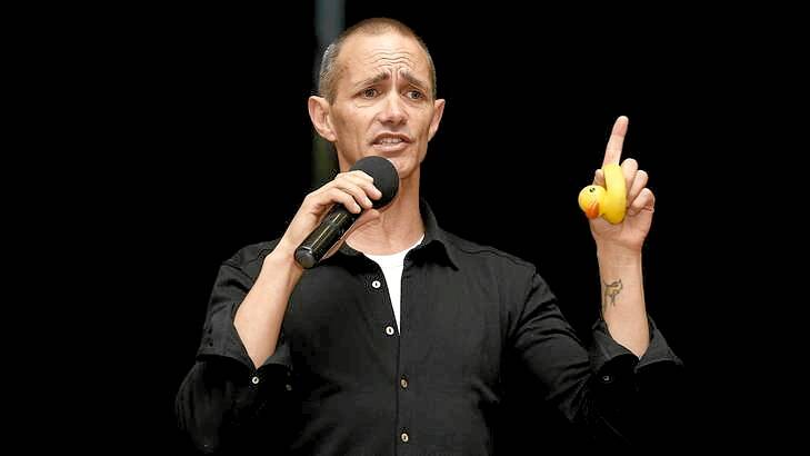 Author Andy Griffiths asks students at the Ainslie School how to use a rubber duck to save yourself from a flooding shower. Photo: Jeffrey Chan