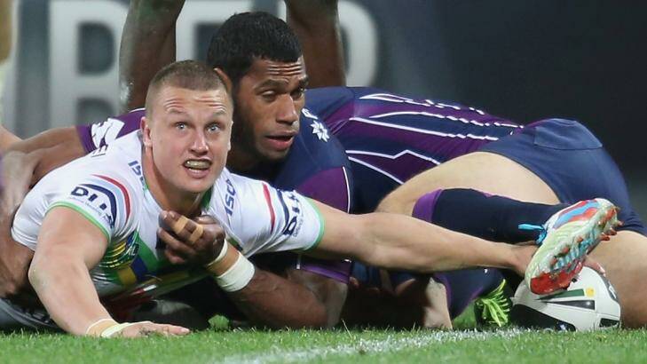 Jack Wighton scores a try against the Storm at AAMI Park last year. Photo: Getty Images