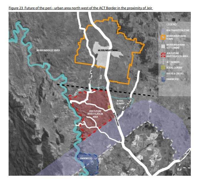 The Yass council's 5km buffer zone north of the ACT's border where development will be frozen for 20 years, in purple, with the exemption carved out for Ginninderry at bottom left. The proposed "Jeir" development area in red has been abandoned. Photo: Supplied
