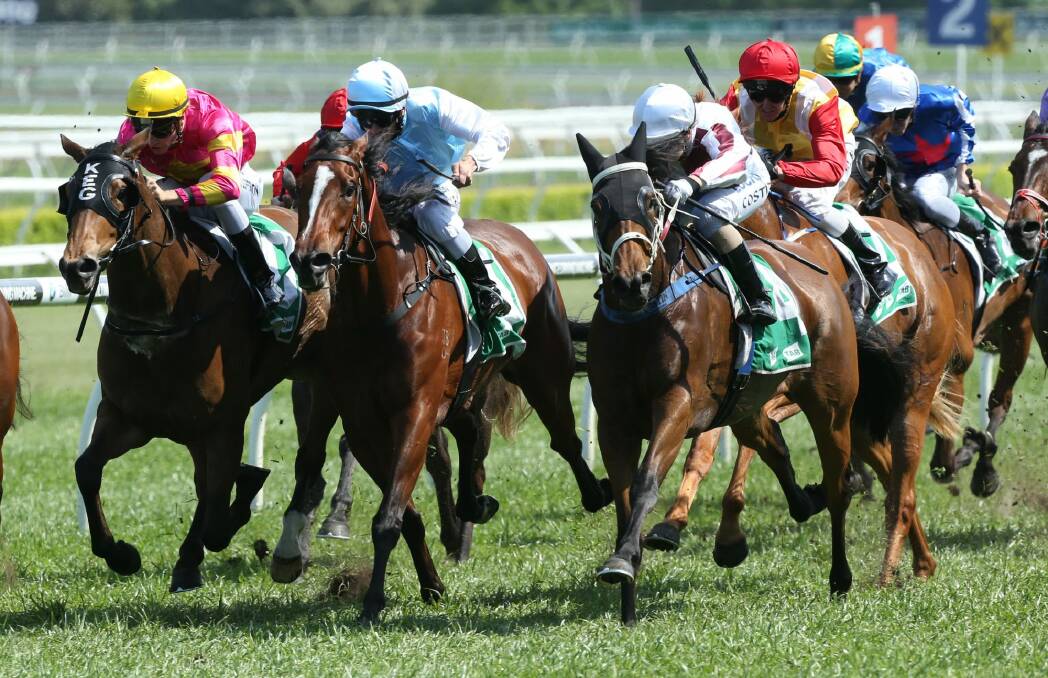Winona Costin, far right, rides Grand Proposal to victory at Randwick last year. The mare is now a live chance in the Wagga Cup on Friday. Photo: bradleyphotos.com.au