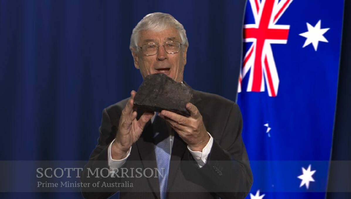 A video released on Tuesday in which Dick Smith (pictured) holds a lump of coal and impersonates Prime Minister Scott Morrison. Photo: Dick Smith