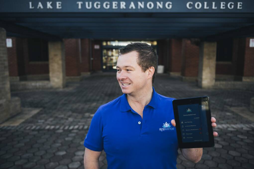 Appsence director David McMillan outside Lake Tuggeranong College, which has used his app for student absences and permissions since February last year. Photo: Rohan Thomson