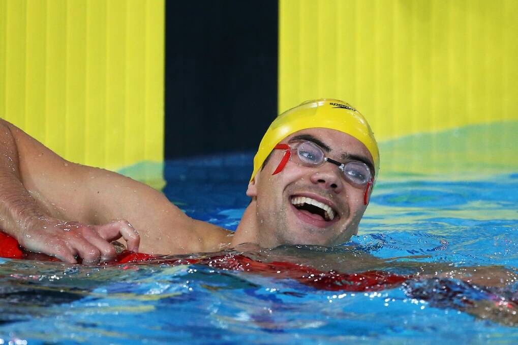 Ben Treffers after his win in the 50-metre backstroke. Photo: Getty Images