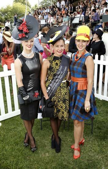 Fashions on the Field winners, from left, second place Kody-Leigh Hirst from Stirling, first place Viviane Parish from Bywong and third place Angela Menz from Chifley during the Black Opal Stakes at Thoroughbred Park in Canberra. Photo: Jeffrey Chan