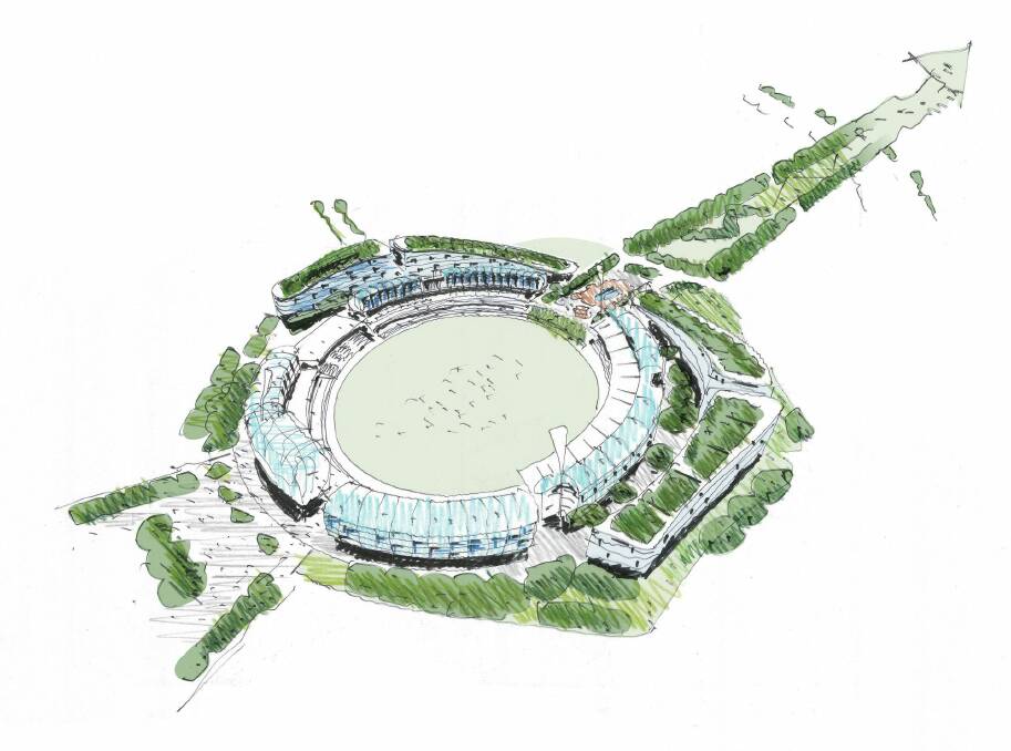 A preliminary sketch of a bid by GWS Giants and Grocon to redevelop Manuka Oval.  Photo: supplied