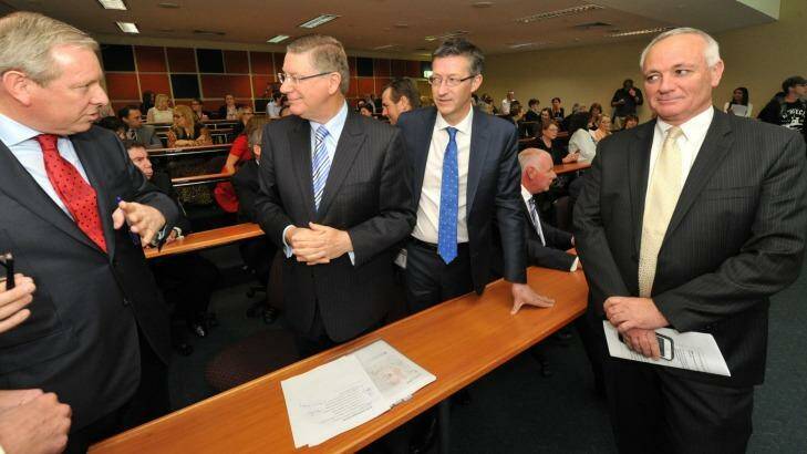 Campaigning: Denis Napthine in Ballarat with Health Minister David Davis, left. Photo: Jeremy Bannister/The Courier