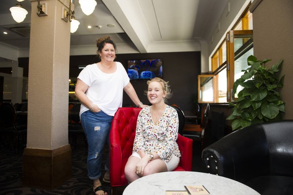 Interior design students Mel Riley and Bianca Lewis in a newly-renovated function room at Hotel Queanbeyan. Photo: Dion Georgopoulos