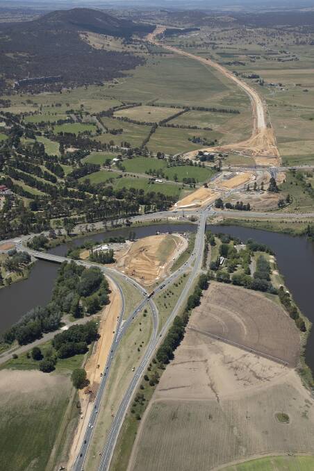 Work on the Majura Parkway  bridge over the Molonglo River has come a long way since this photo was taken in December. Photo: Supplied