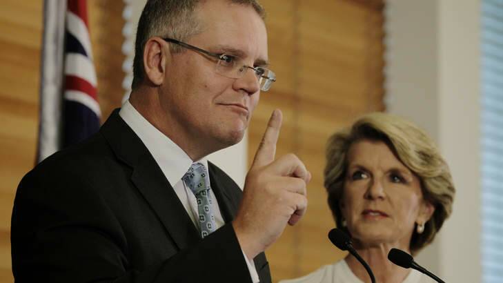 Opposition immigration spokesman Scott Morrison and deputy opposition leader Julie Bishop said a Coalition government would use the Australian navy to turn back asylum seeker boats. Photo: Andrew Meares