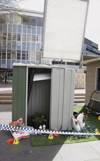 A mock grow house that ACT Policing set up at Garema Place for the Launch of ACT Policing's Anti Illicit Drug Campaign. Photo: Jeffrey Chan