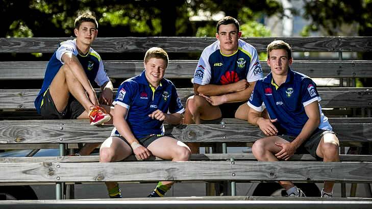 Junior Raiders, (L-R) Lachlan Lewis (nephew of Wally Lewis), Zac Woolford (son of Simon Woolford), Morgan Boyle (son of David Boyle), and Lachlan Croker (nephew of Jason Croker) at the Northbourne Oval. Photo: Rohan Thomson