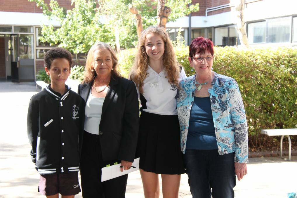 Canberra High School captains Mitchell Costello and Ineka Voigt with Minister for Education Joy Burch, and Member for Ginninderra Mary Porter on National Day of Action against Bullying and Violence. Photo: Supplied