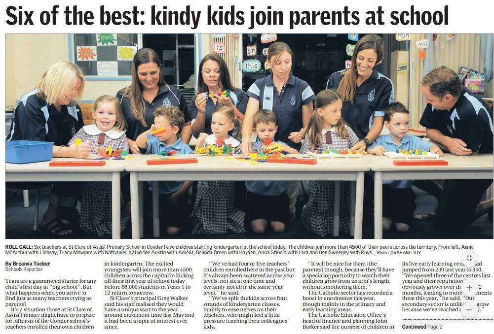 All six teachers and their children featured on the front page of the Canberra Times in February 2012.  From left: Annie McArthur with Lindsay, Tracy Mowlam with Nathaniel, Katherine Austin with Amelia, Belinda Breen with Hayden, Anna Stincic with Lara and Ben Sweeney with Rhys.  Photo: The Canberra Times/Graham Tidy