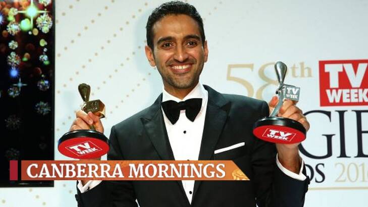 Waleed Aly with the Gold Logie and Silver Logie for best presenter. Photo: Getty Images