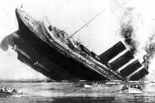 The Lusitania sinks after being torpedoed by a German U-boat.