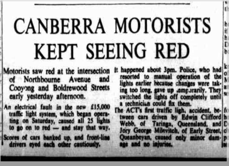 Seeing red at seeing red. There was trouble at traffic lights from the start. Photo: Canberra Times