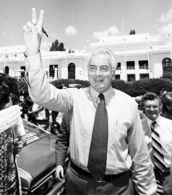 Gough Whitlam with Bob Hawke at a rally outside Parliament House in Canberra on  November 12, 1975. Photo: George Lipman