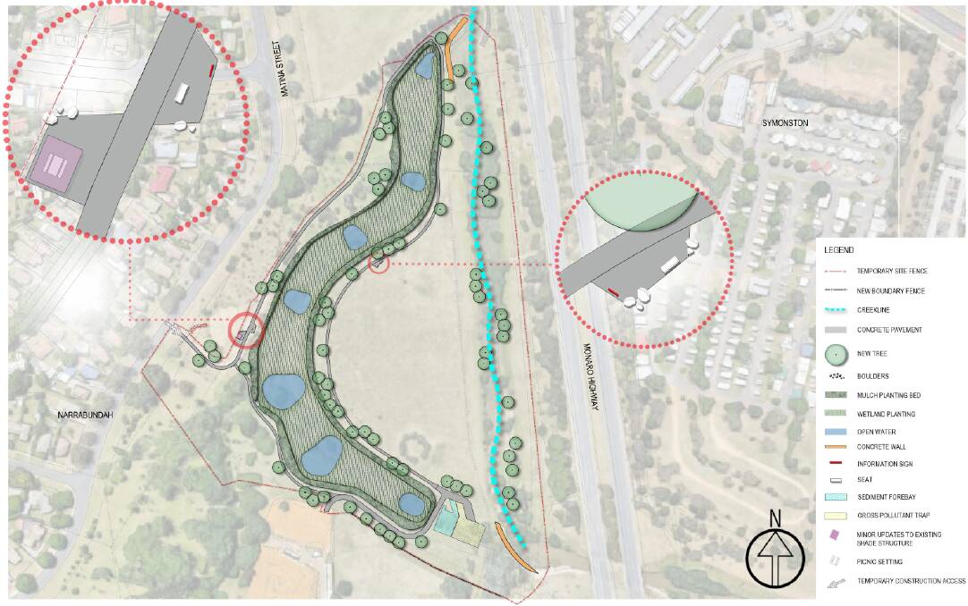 The Narrabundah site, to be constructed along 420 metres of the Jerrabomberra Creek, will include a chain of six open water ponds. Photo: Supplied