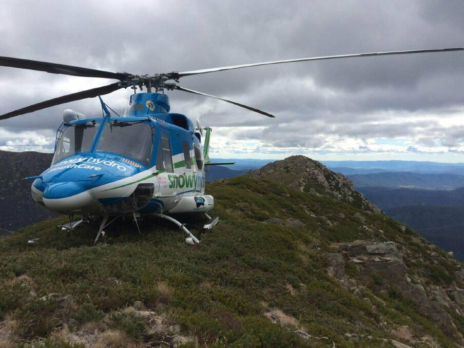 The Snowy Hydro SouthCare helicopter perched at 6300 feet last week, atop The Sentinel in Kosciuszko National Park Photo: Supplied