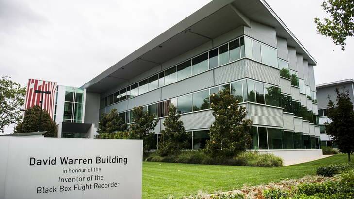 The Defence Science and Techology Organisation headquarters building in Fairbairn has been named the David Warren Building, in honour of the inventor of the black box. Photo: Rohan Thomson
