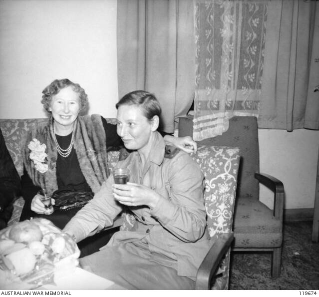 Safe at last: Vivian Bullwinkel, right, and her mother, Eva, at the 115th Australian General Hospital on October 24, 1945. A reception had been organised in honour of a party of Australian Army Nursing Sisters who had been prisoners of war.  Photo: AWM 119674