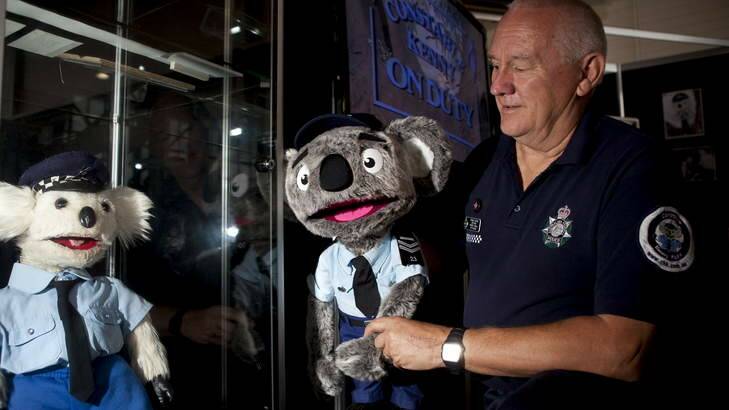 The 'new 'look Constable Kenny Koala looks at the original retired Kenny with Stewart Waters. Photo: Katherine Griffiths